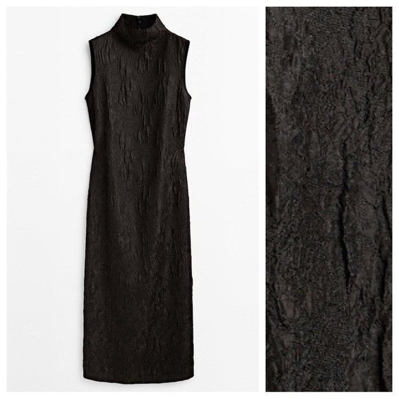 NWT Massimo Dutti Black Wrinkled Jacquard Mock Turtleneck Midi Dress. Size S. - Picture 5 of 9